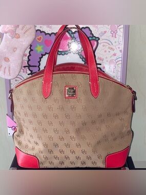 Dooney & Bourke Tan Monogram Tote with Red Trim and Handles